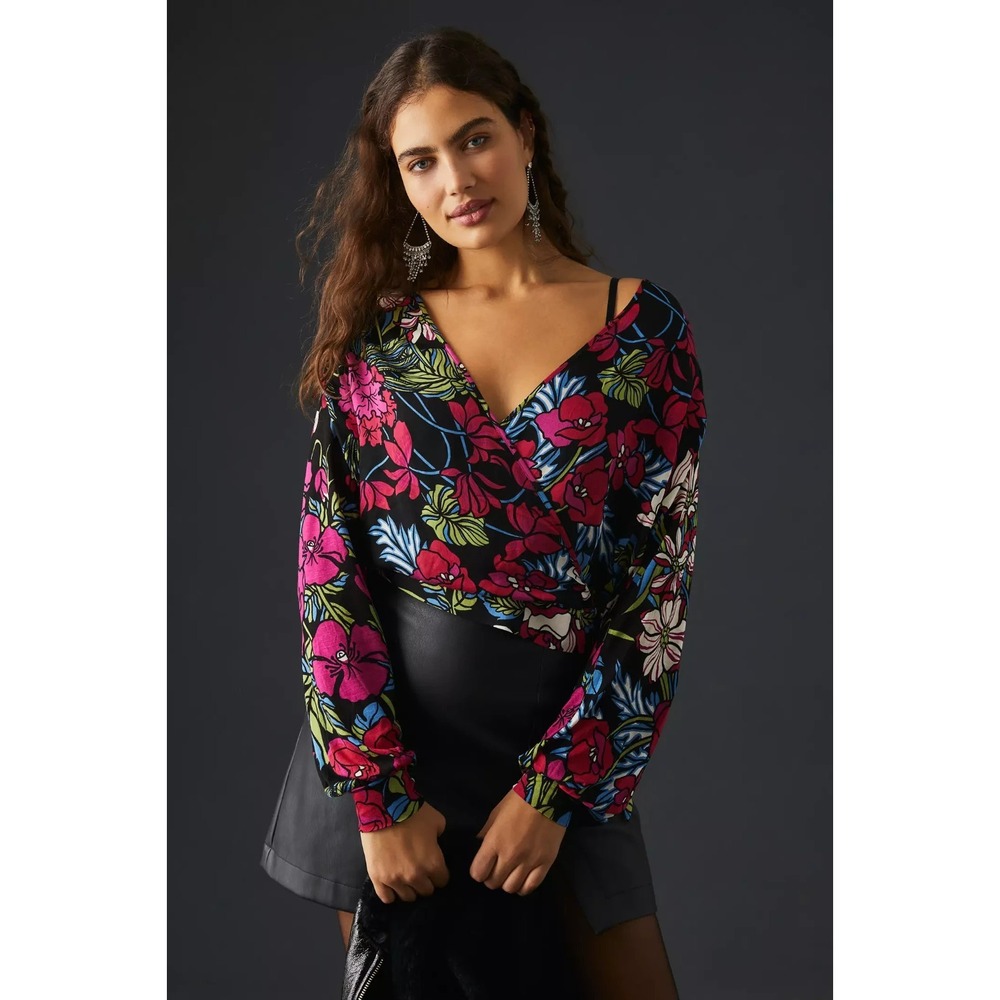 Tiny Finley V-Neck Blouse Womens Medium Black Pink Floral Rayon Long Sleeve